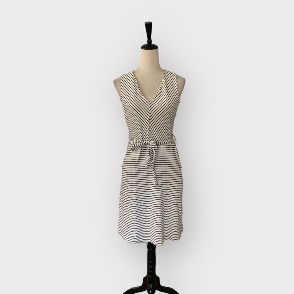 Monteau Blue Stripe Jersey Knit Tank Dress Pockets Tie Belt White Black